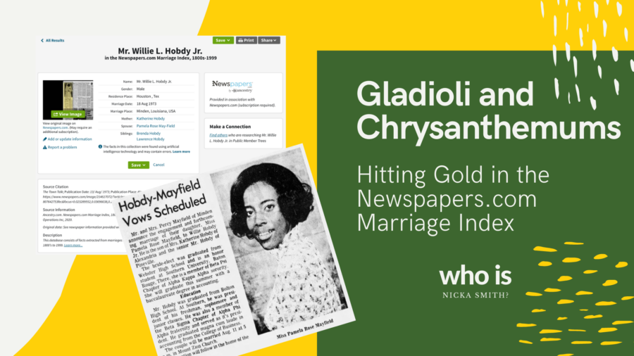 Green and yellow collage with index and newspaper clipping images, Newspapers.com Marriage Index at Ancestry