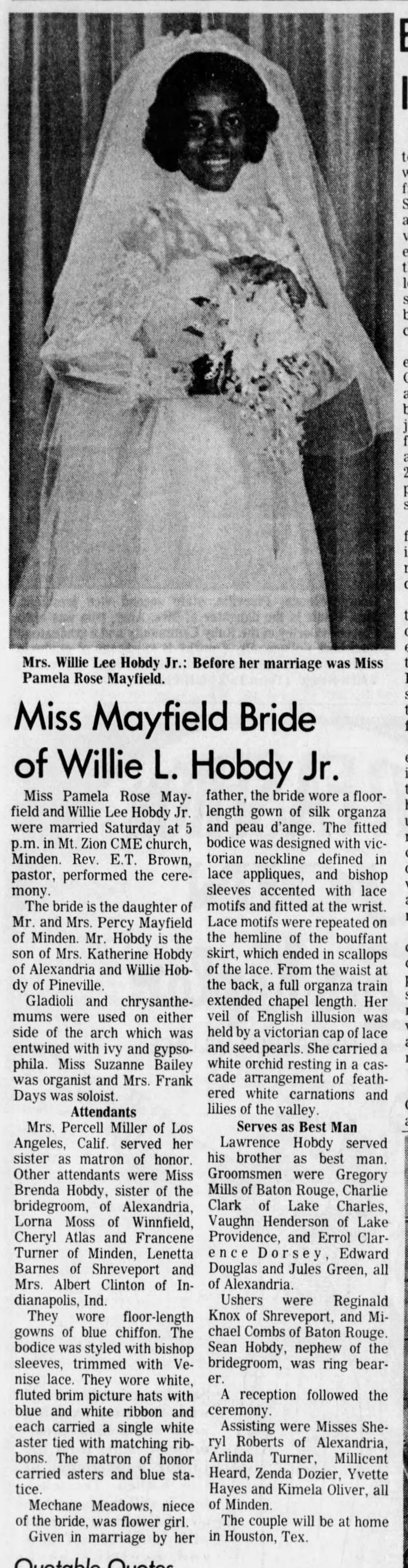 Miss Mayfield Bride of Willie L. Hobdy Jr., The Town Talk (Alexandria, LA), Monday, August 13, 1973, page 18